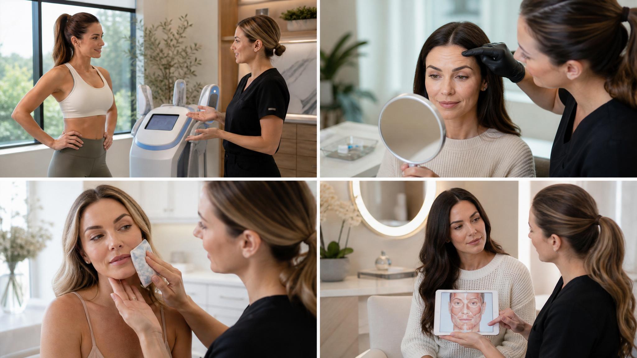 Injector assessing facial treatment points during an aesthetics consultation