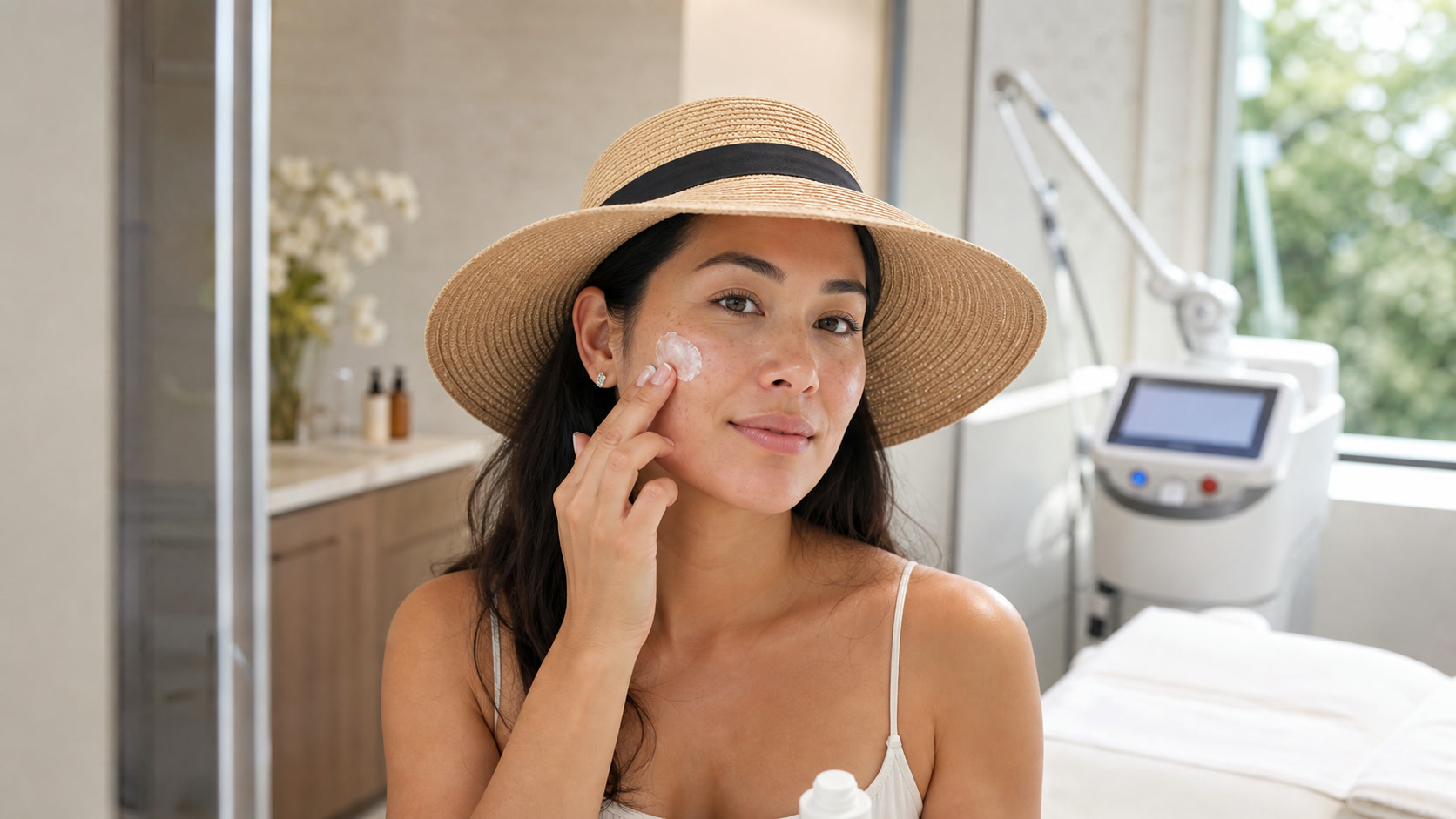 Woman applying sunscreen after laser treatment for dark spots at Body BeneFits Health & Wellness Medspa