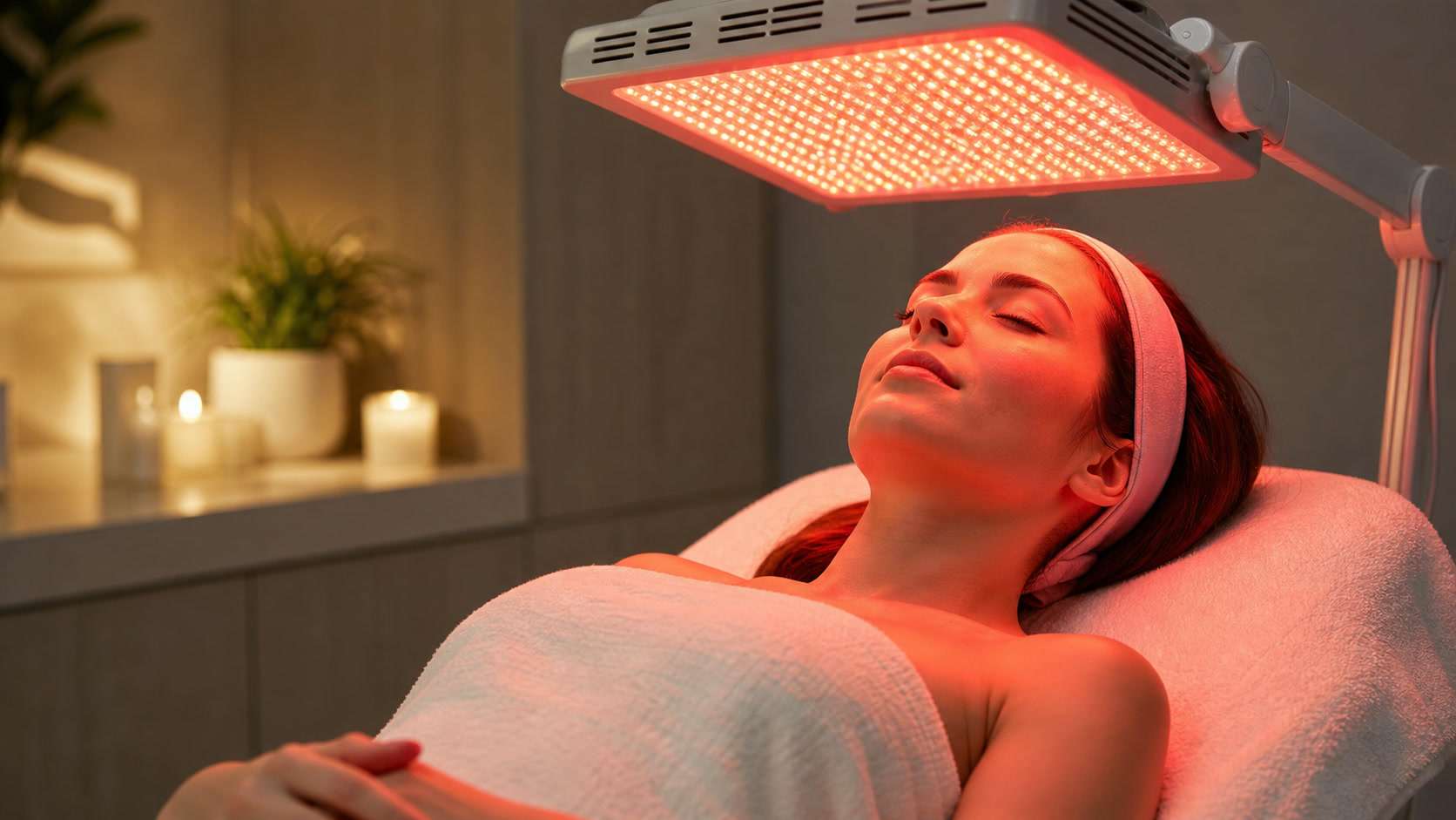 Client relaxing under a red light therapy panel in a med spa treatment room