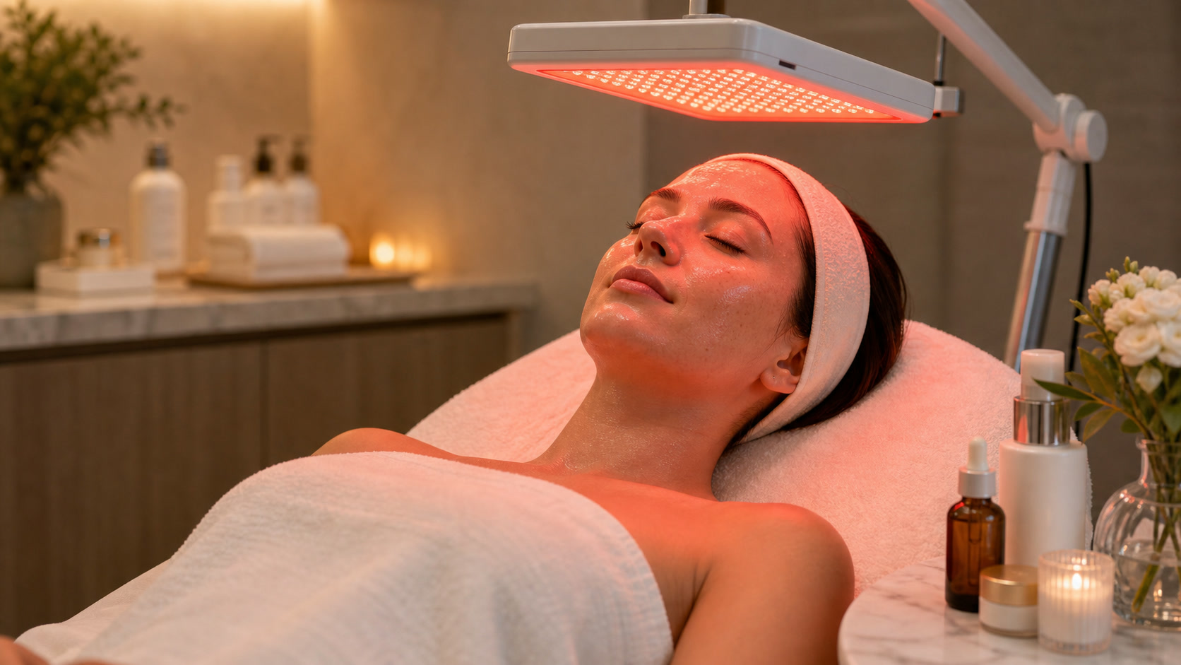 Client receiving red light therapy for skin recovery after an aesthetic treatment